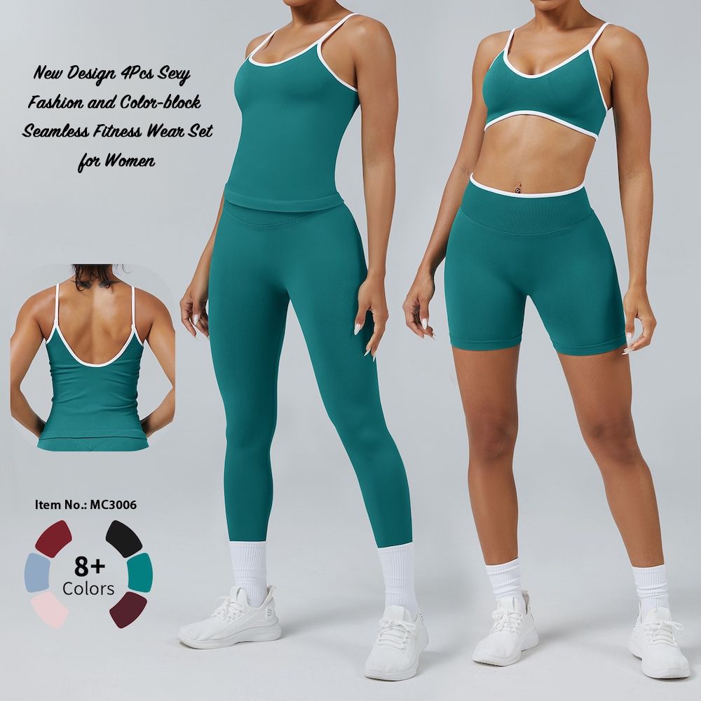 Bespoke Logo 4PCS Womens Color-Block Seamless Yoga Outfits Factory, High Quality Gym Wear Biker Shorts + Booty Leggings + Sports Bra + Vest Fashion Workout Sets
