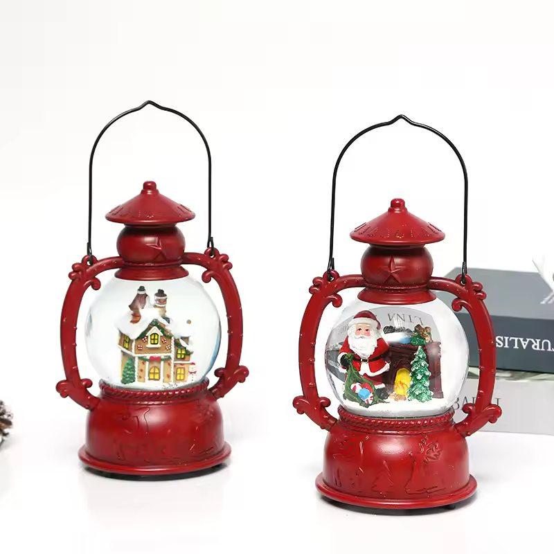 Direct Factory Sale In-stock Lixin Brand Modern Style Christmas Decorations Automatic Snowfall Lantern Light Music Resin