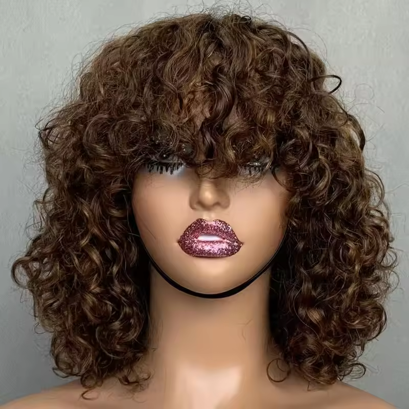 Brazilian 100% Human Hair Wig Full Machine Made Short Water Wave Bob Wig With Fringe None Lace Swiss Lace Material Raw Material