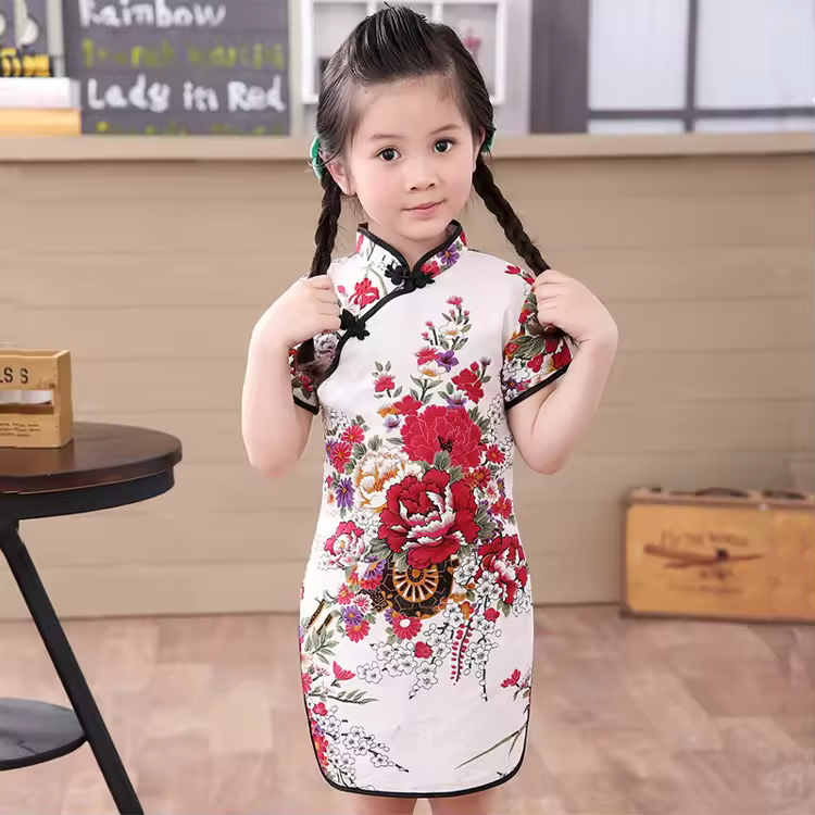 Kid Girl Qipao Dress Readymade Chinese Traditional Style Lined Short Sleeve Summer Baby Girl Kid Qipao Dress For Costume