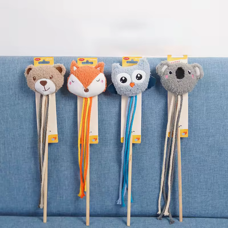 Manufacturer Wholesale Interactive Cat Plush Toy Cute Shape Design Cat Teaser Stick Made Of Wood And Pet Material