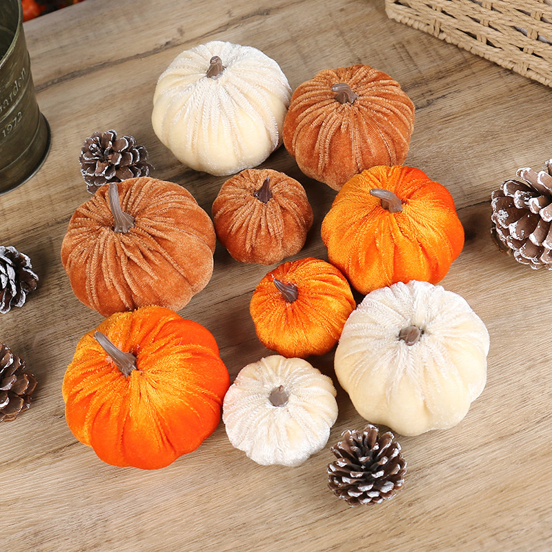 Plush Fabric Pumpkin Decor - Soft Velvet Halloween Tabletop Display Set