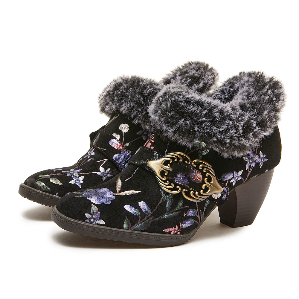 Women's Fashion Urban Handmade Leather Fur Collar High Heels Party Tavern Meeting Social Comfortable Lady Shoes