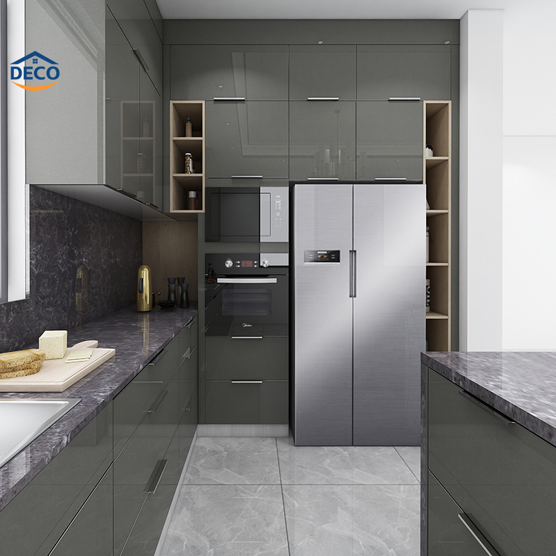 Luxury Design Kitchen Cabinets Glossy Finish Gray Kitchen Base Complete Cabinet Set with Island