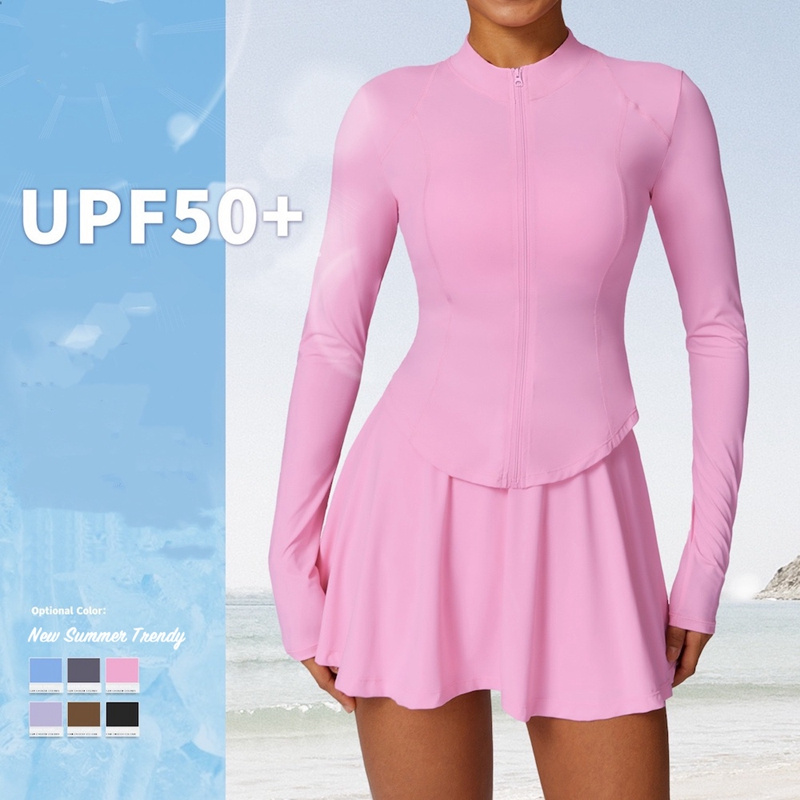 New Summer Slim Fit Upf 50+ Long Sleeve Zip-up Sports Jacket + Athletic Skirt for Women, 2PCS Set Sun UV Protective Tennis Golf Outdoor Activewear Manufacturer
