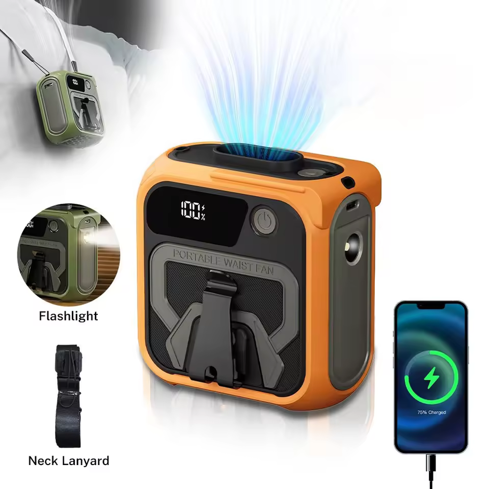 5-speed Adjustable Waist Clip Fan With Mobile Power For Outdoor Work 3 In 1 10000mah Wearable Portable Hanging Neck/waist Fan