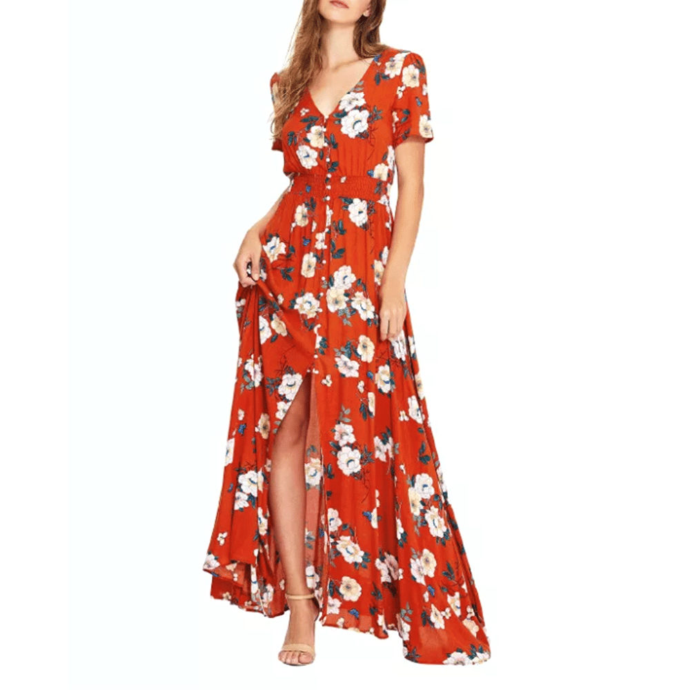 Casual Floral Buttoned Urban Elegant Woman Maxi Beach Dress