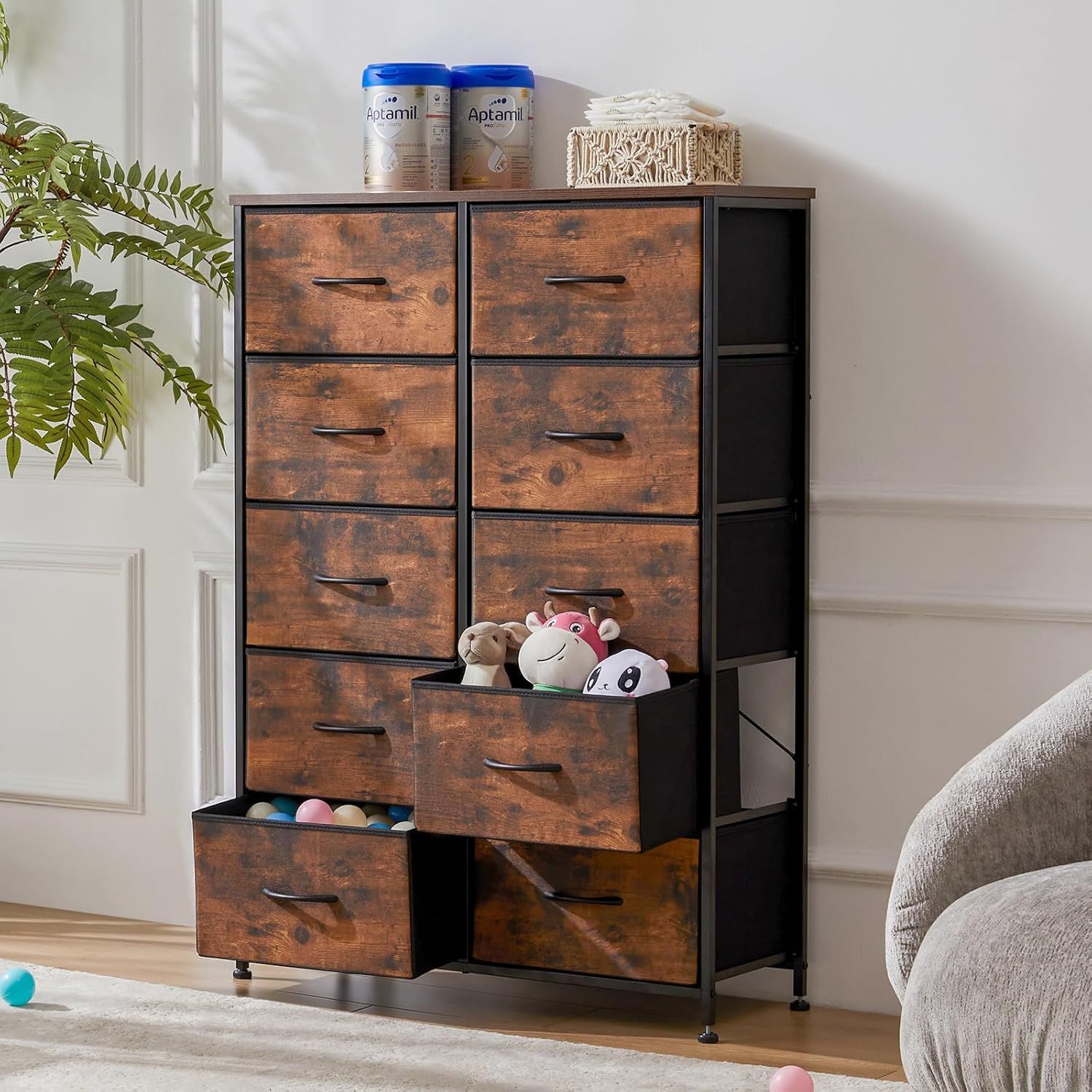 Fabric Dresser with 10 Drawers Tall Double Dresser Chest of Drawers for Living Room