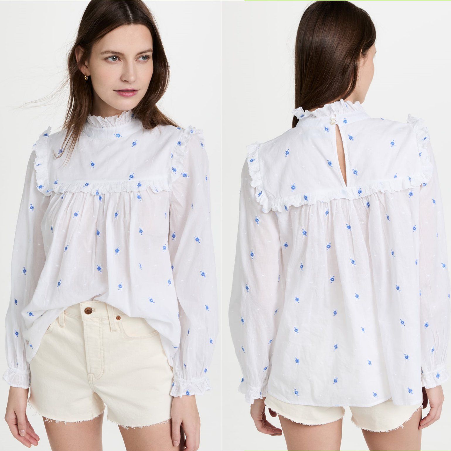 Band Collar OEM China High Quality Fashion Apparel Factory Hot Selling Wholesale Fashion Summer Elegant Long Puff Sleeves Lady Blouses with Elastic Cuffs