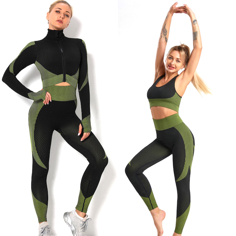 Hot Sexy 3 Pieces Matching Yoga Sets Womens Workout Outfit Tracksuit, Seamless Yoga Leggings + Stretch Sports Bra + Zipper Jacket Top Gym Clothes Jogger Suits