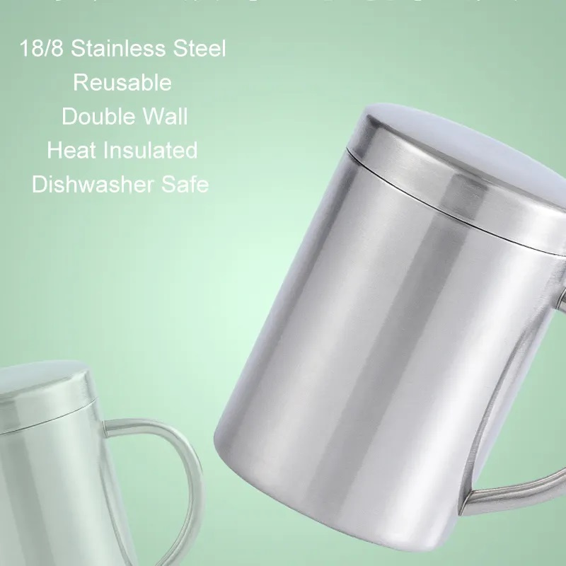 Double Wall Insulated Stainless Steel 304 Mug Cup with Handle Lid Tumbler
