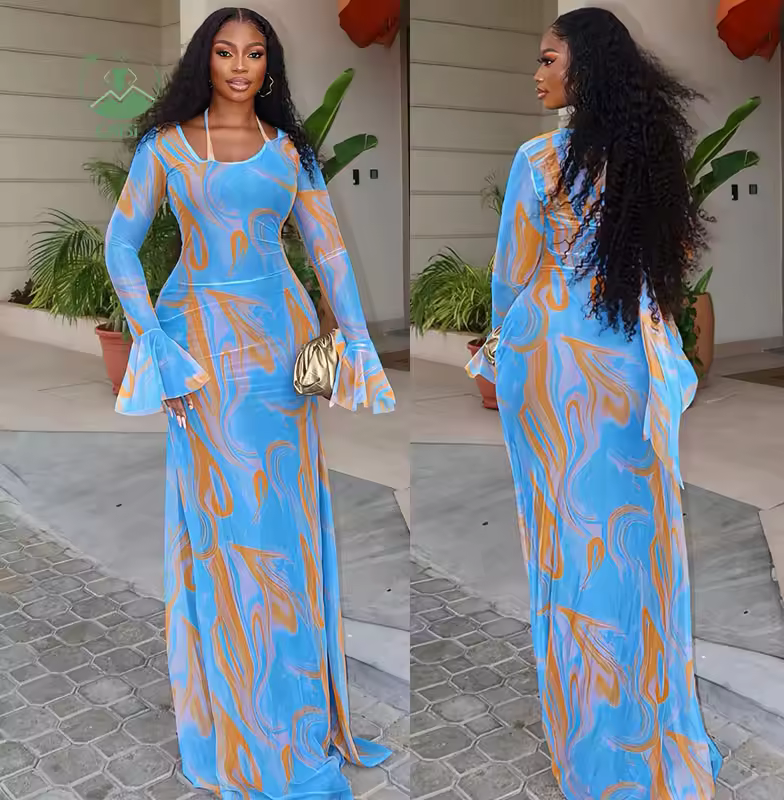 New Women's Fall Clothing Maxi Dress Sexy Tie Dye Printed Round Neck Long Sleeved Long Dresses Women