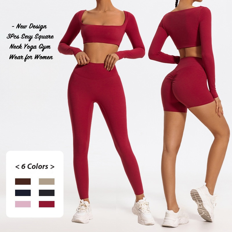 Stylish Women's 3 Piece Activewear Sets Premium Padded Long Sleeve Sports Crop Top Gym Shorts Scrunch Booty Yoga Leggings Gym Fitness Clothing
