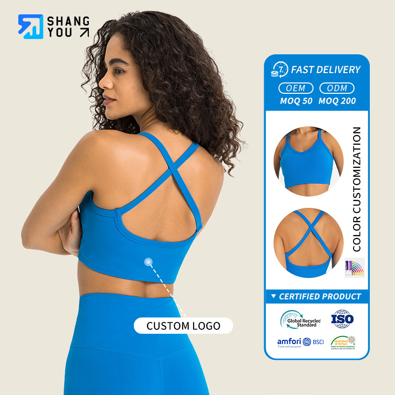 Dw342 New Gathered Top Sexy Cross Cut Back Sports Bra Bra High Stretch Nude Yoga Tank Top