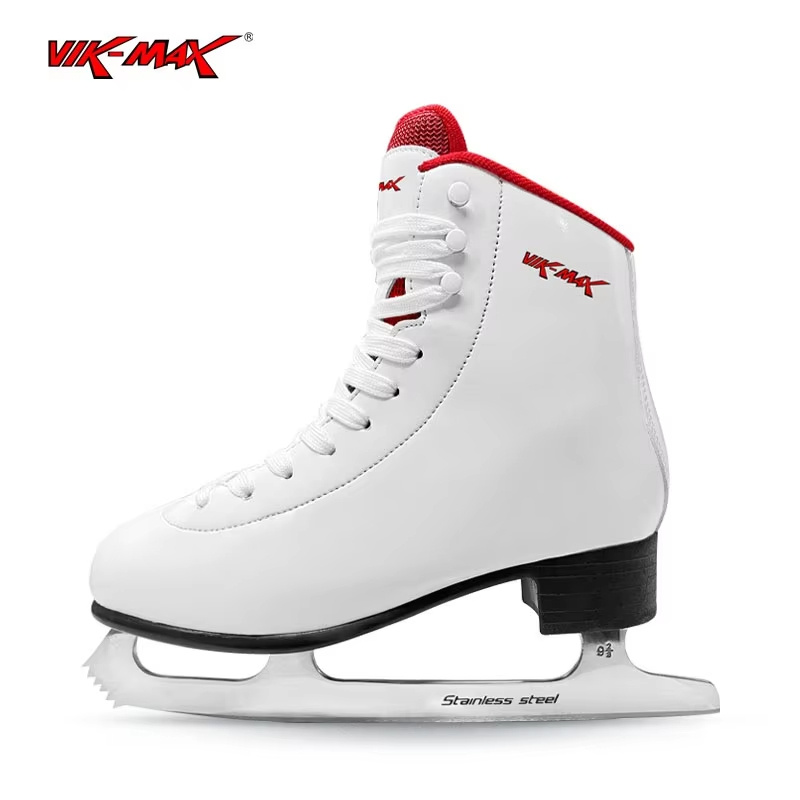 Vik Max Professional Cold Resistance Synthetic Leather White Ice Figure Skating Shoes with Ice Fur Lining for Ice Figure Skating Sports