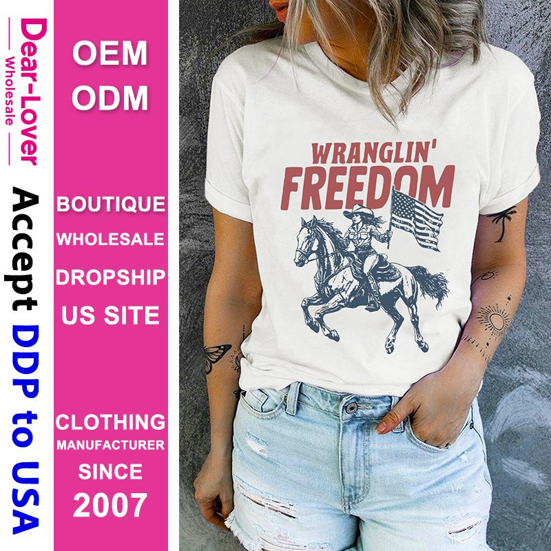Dear-Lover Wholesale Dropshipping Boutique Clothing Women Manufacturers Western Boutique White Wranglin Freedom Rodeo Graphic Tee