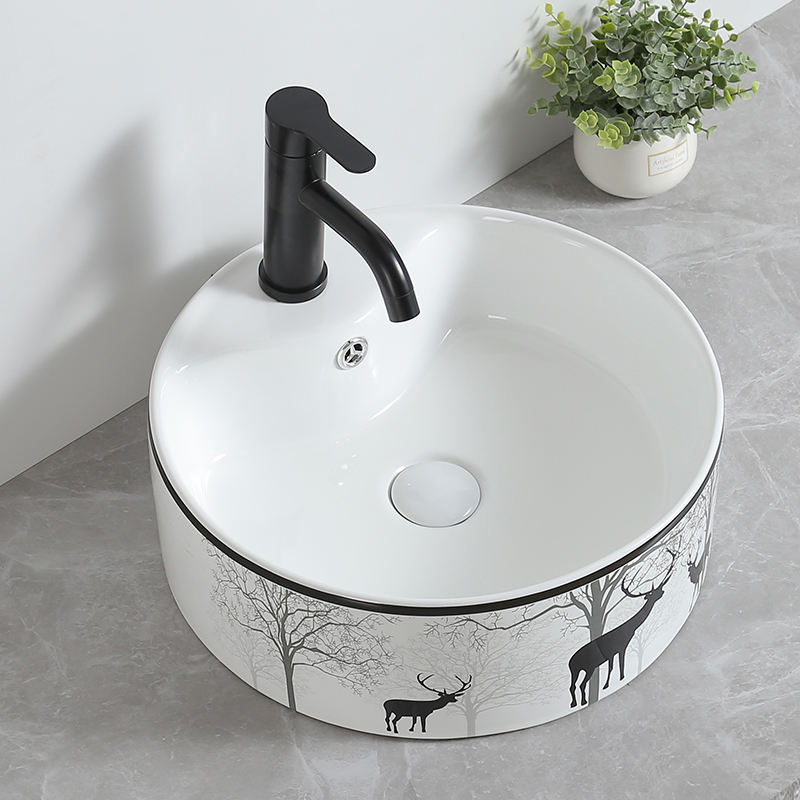 Design Bathroom Wash Counter Top Toilet Sink Round Porcelain Pattern Unique Art Basin With Faucet