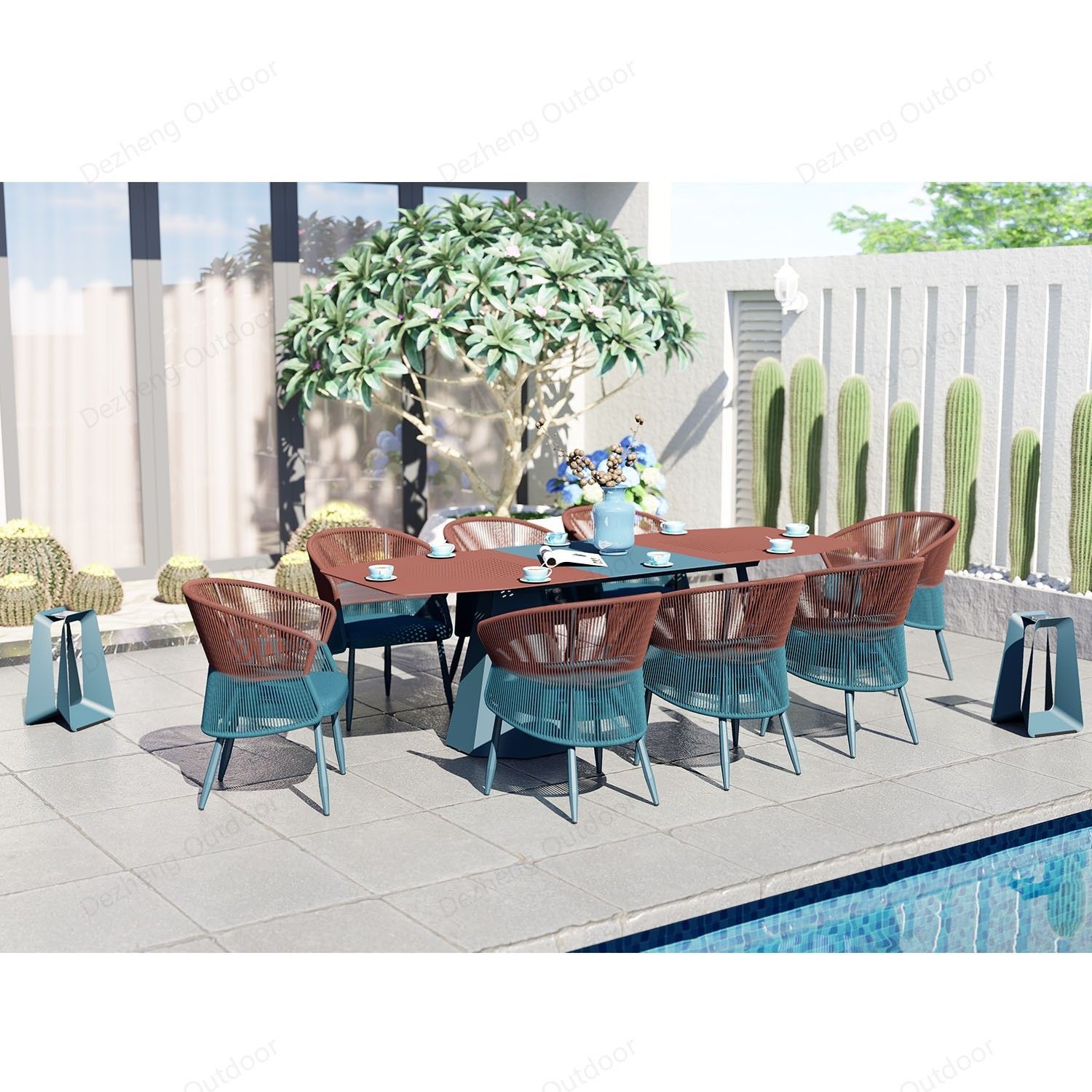 High End Resort Villa Balcony Outdoor Furniture Dining Set Patio Teak Table and Chairs