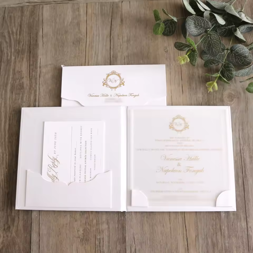 Sample Offered Royal Pocket Fold Wedding Invitations With Custom Hardcover Booklet Frosted Acrylic Invitation