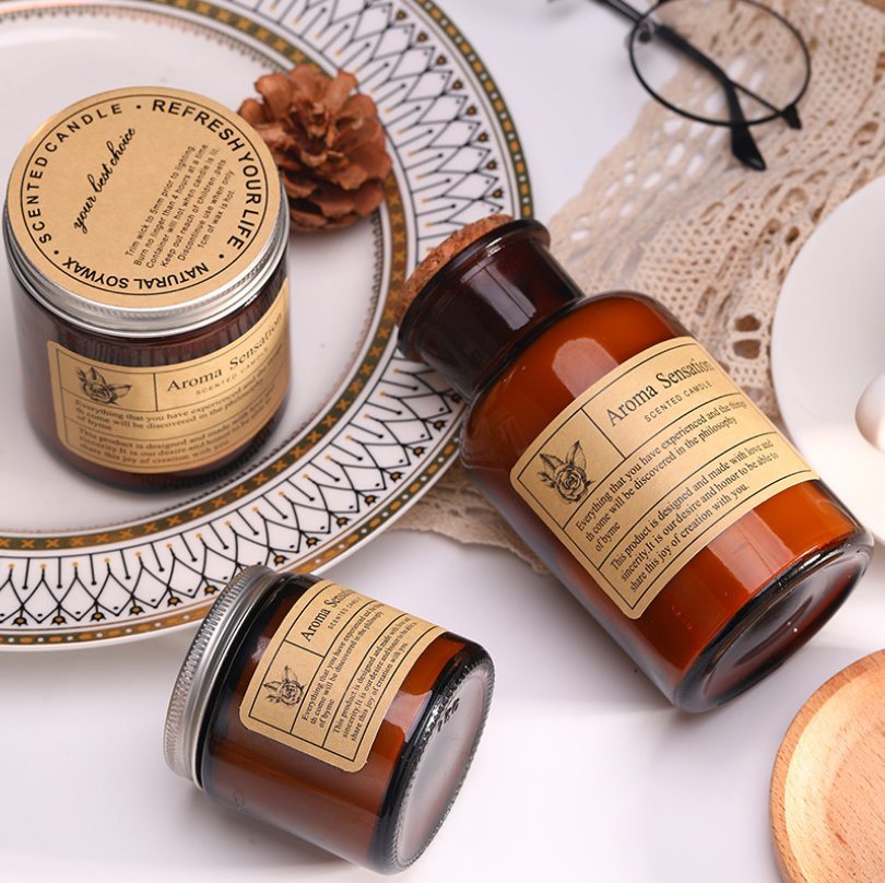 Painted Amber Glass Jar with Metal Cover Home Decoration Fragrance Aroma Sensation Natural Soy Wax Scented Candle