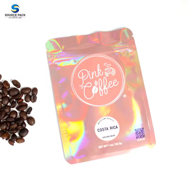 Manufacturer Stand Up Pouch Large Capacity Bags For Coffee Full Holographic Finish Resealable Aluminum Smell Proof Packaging Bag