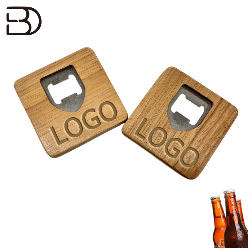 Desktop 100% Green Multifunctional Square Wooden Bamboo Beer Wine Bottle Coaster Bottle Opener for Promotion