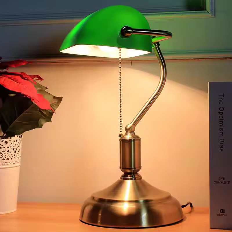 Modern Classic Banker Lighting Led E27/e26 Desk Lamp Green Glass Lampshade Dimmer Night Light Ac Powered Traditional Table Lamp