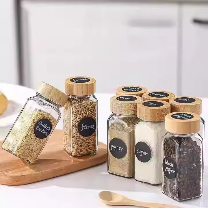 4oz Square Bamboo Wood Glass Seasoning Jar 24PC Set with Shaker Lid 120ml Pepper Bottle Includes Lid