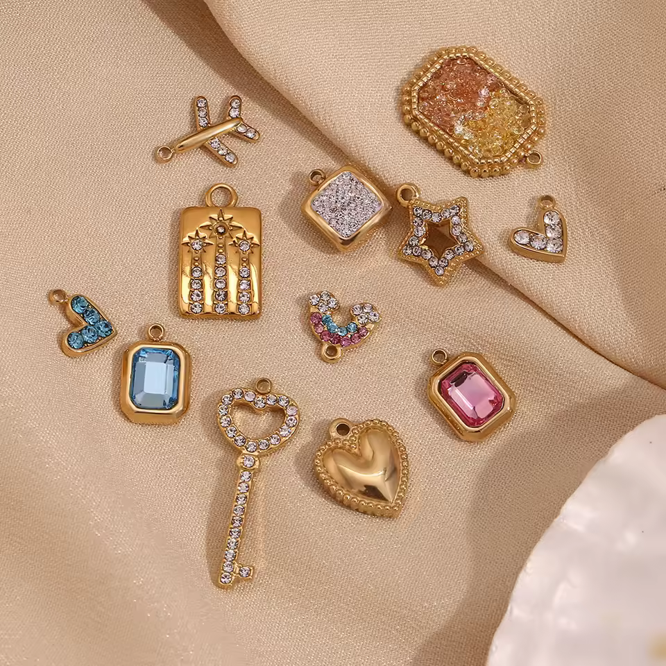 Ready To Ship Cute Charms Pendants Necklace Accessories Zircon Heart Rainbow Key Gold Plated Stainless Steel Charms Diy Jewelry