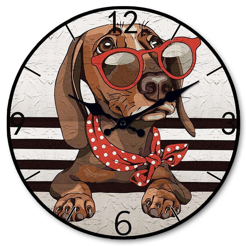 Vintage Dachshund Dog Red Glasses Wall Clock, Retro Pet Home Decor Timepiece