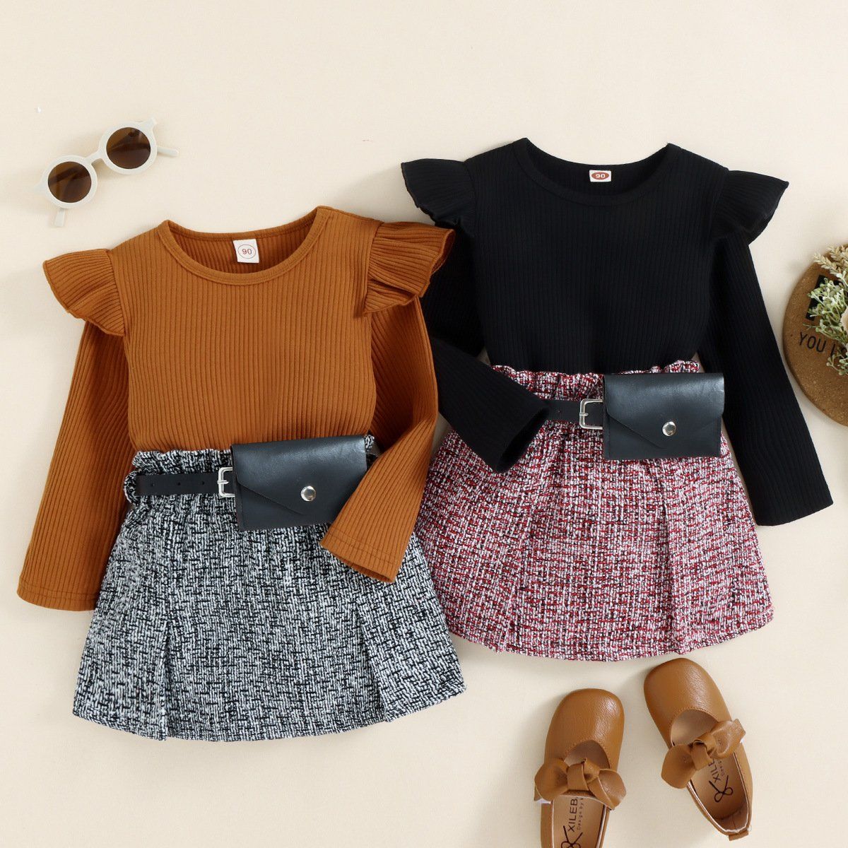 Autumn Winter Wholesale Fly Long Sleeve Knit Sweater Plaid Tweed Skirt Waist Bag 3PCS Children Suit Girls Fall Clothing