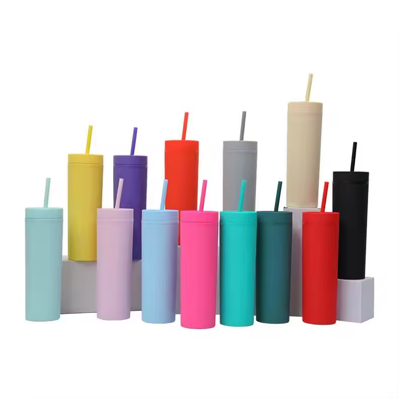 Wholesale Skinny Acrylic Tumblers With Lid And Straw Premium Colorful Insulated Double Wall Plastic Reusable Cups