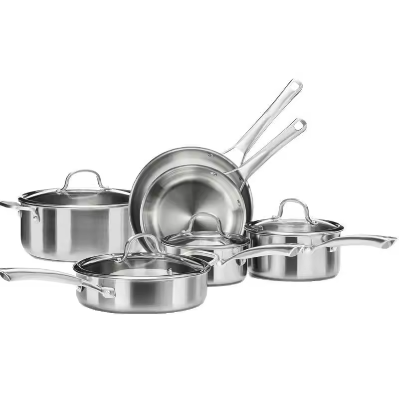 High Quality Classic 10-piece 304 Stainless Steel Cookware Set With Anti-scald Handles Glass Cover Dishwasher & Oven Safe