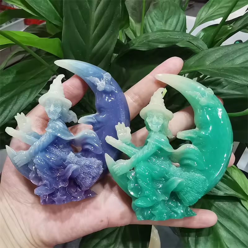Hot Sale Wholesale Crystal Luminous Stone Flying Witch With Moon-face Carving For Decoration And Gift