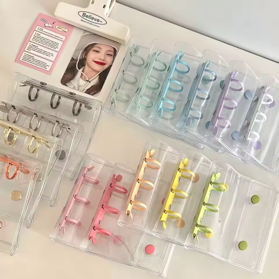 New Style Multicolor Mini Binder Photos Card Holder A8 Size Transparent Pvc Mini 3 Ring Binder With Insert Binder Glitter Pocket