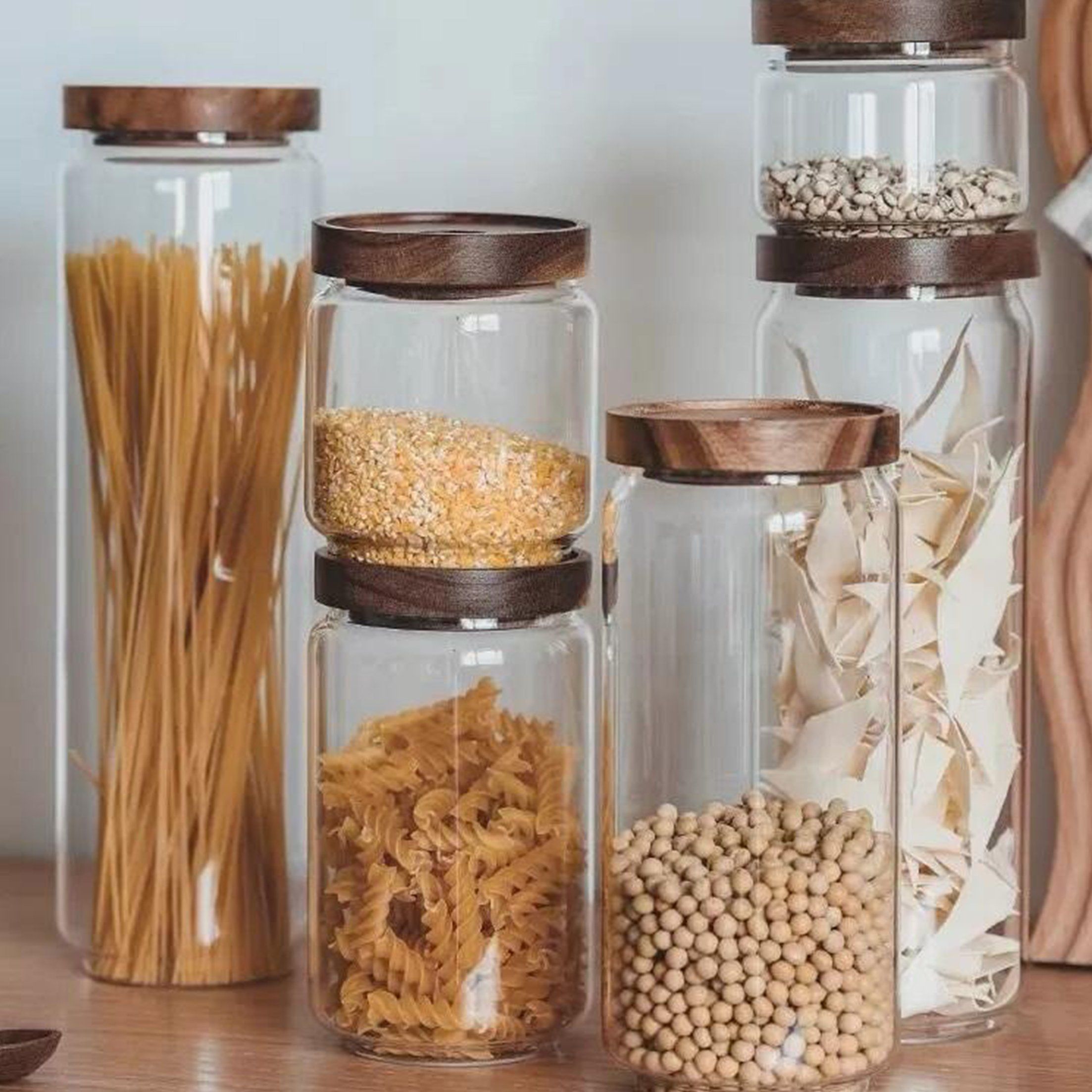 Storage Mason Jars Glass Kitchen Food Spice Sugar Coffee with Wooden Lids Glass Pantry Canister for Beans