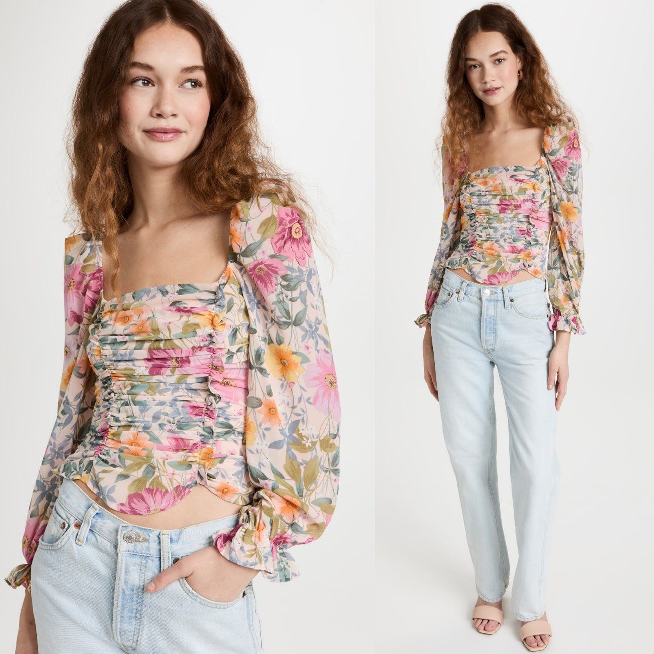 Square Neck OEM China Casual Fashion Apparel Factory Hot Selling Wholesale Fashion Summer Elegant Long Sleeves Lady Blouses with Covered Elastic Edges