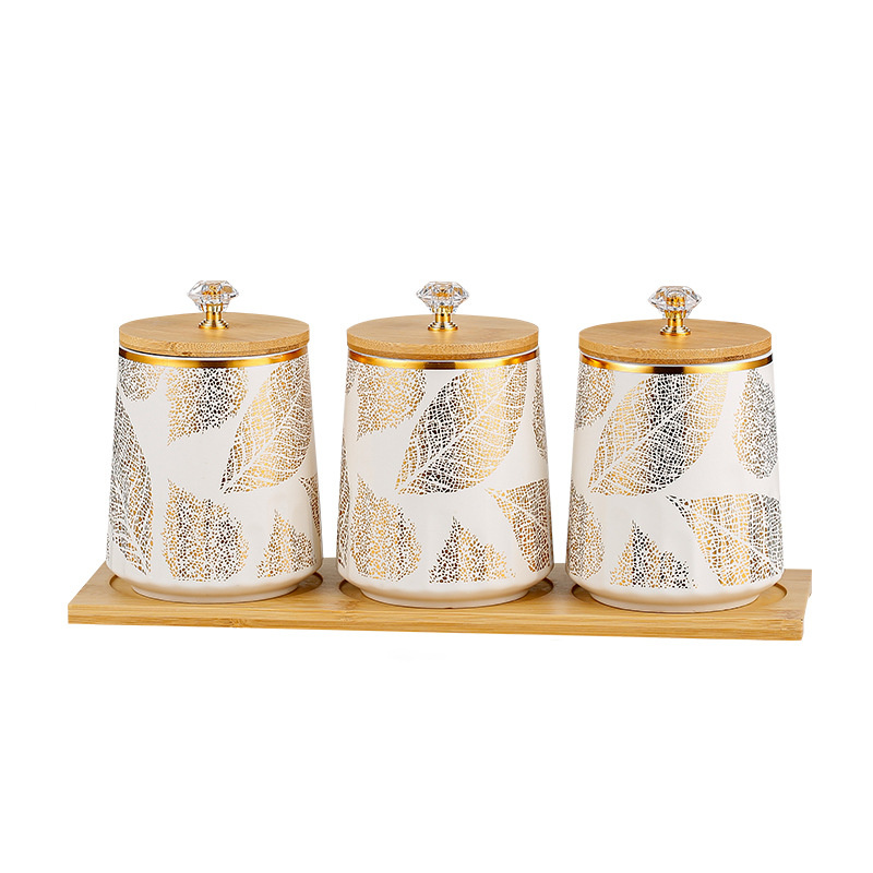 Manufacturer Wholesale Price Luxury Seasoning Jars Kitchen Supplies Storage Airtight Ceramic Canister with Bamboo Lid and Bamboo Tray Pack of 3