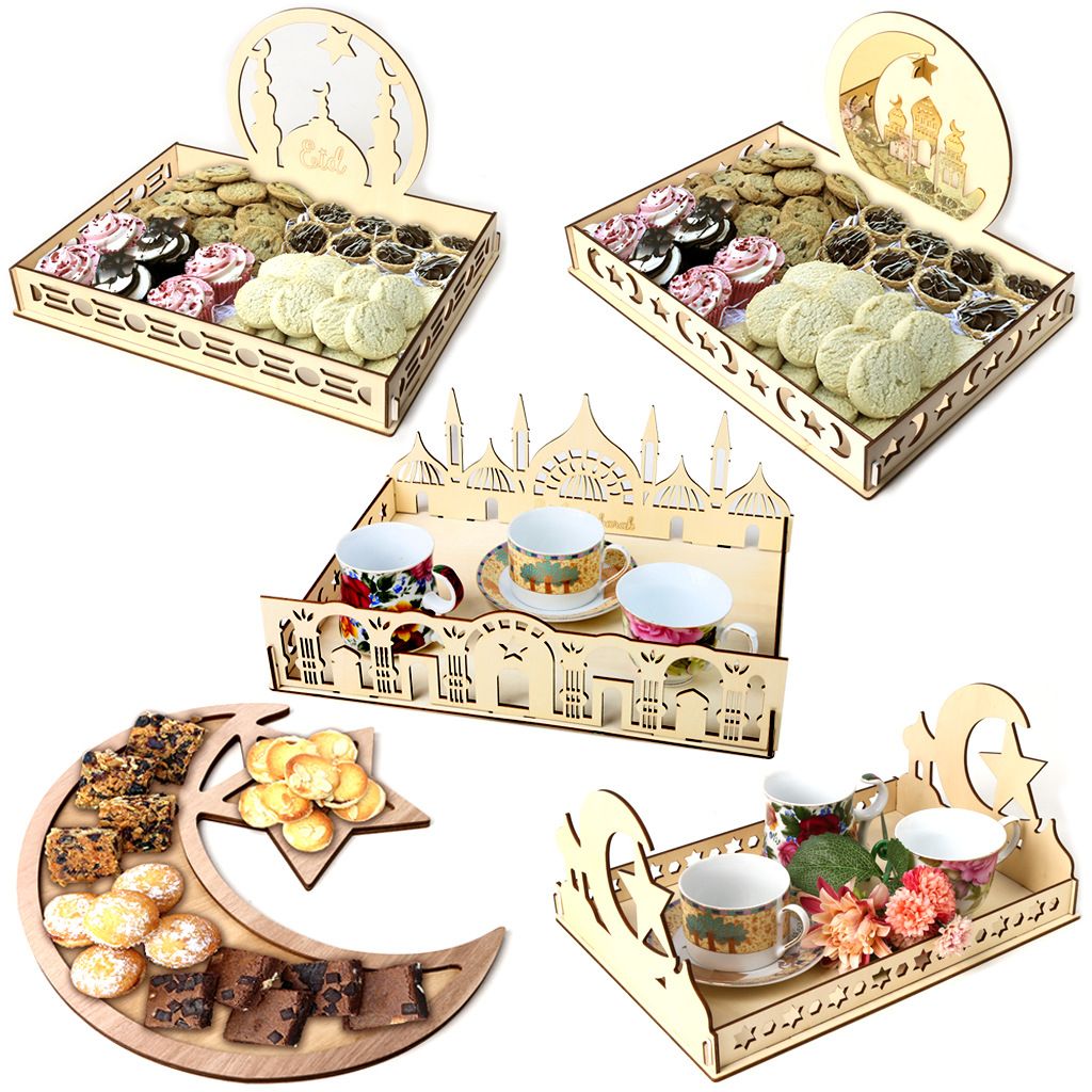 5 Types of Trays DIY Wooden Islam Eid Mubarak Dessert Trays Display for Eid Ramadan Decorations