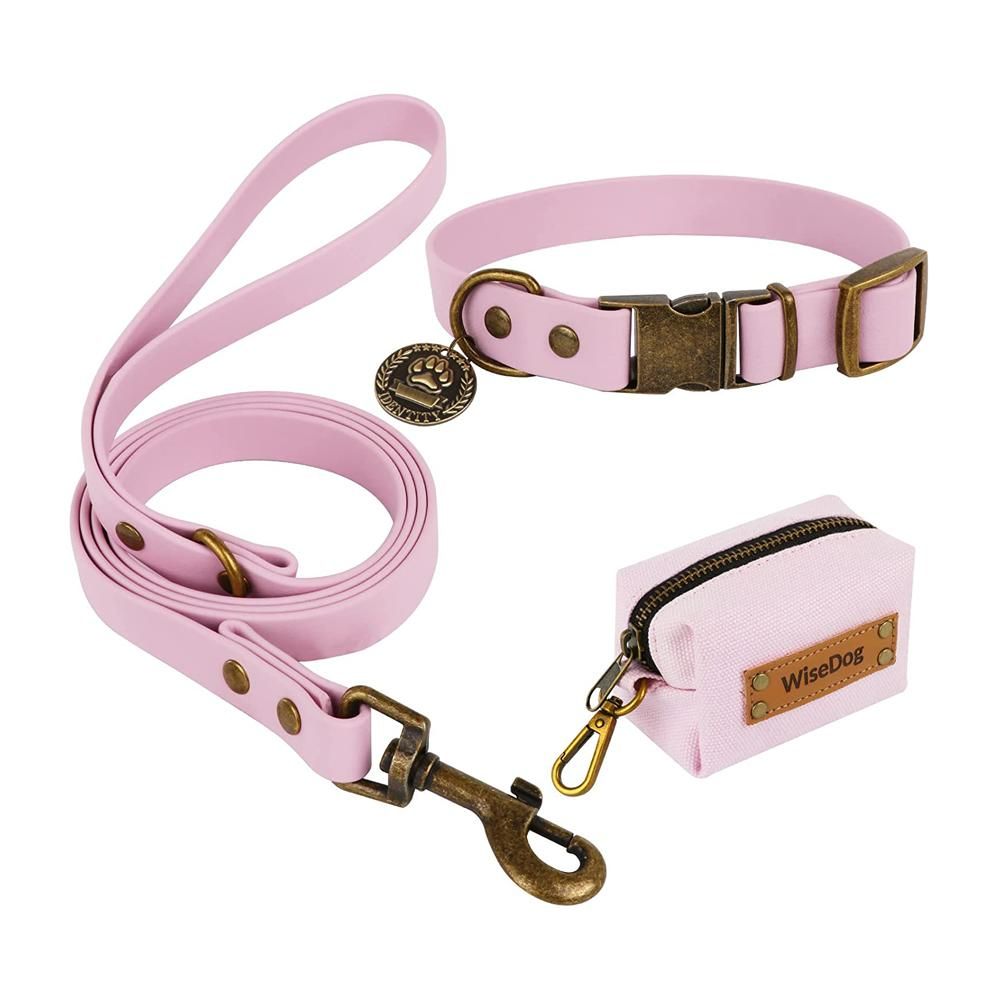 Pet Supplier High Quality Soft Adjustable Waterproof Luxury Large Medium PVC Pet Dog Collar and Leash with Antique Buckle
