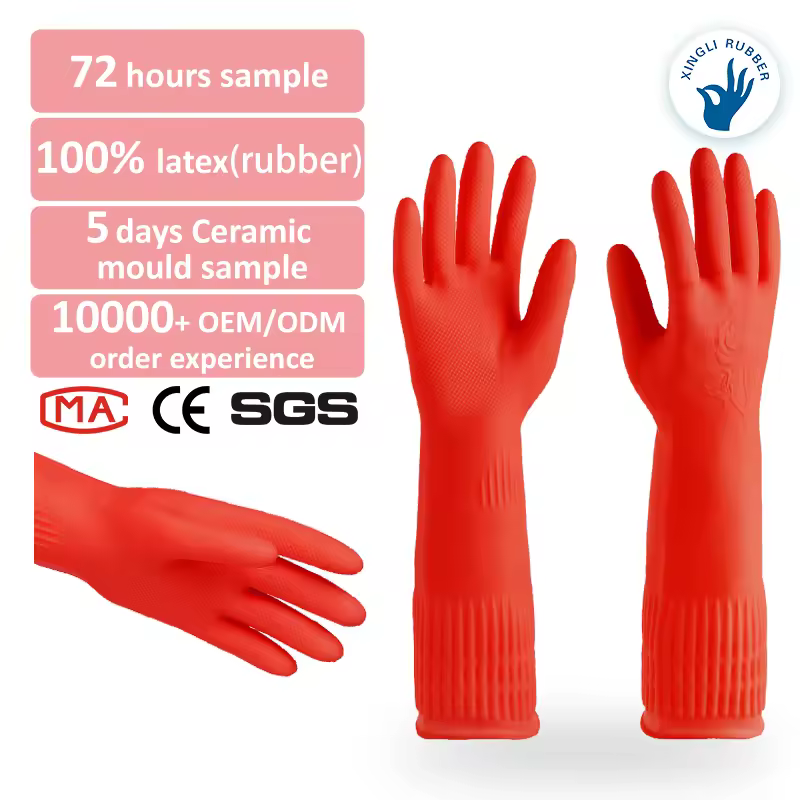 In Stock 38cm Long Sleeve Kitchen Work Dishwashing Waterproof Natural Rubber Gloves