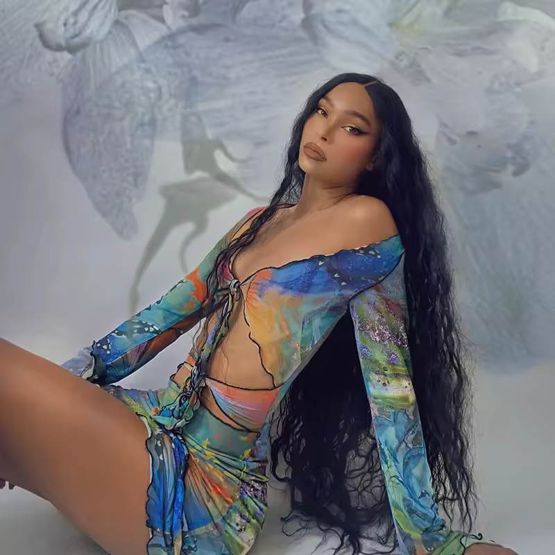 Summer New Butterfly Tie Dyeing Print Sexy Women Dress Clubwear Long Flare Sleeve Hollow Out Lace-up V-neck Pencil Dresses