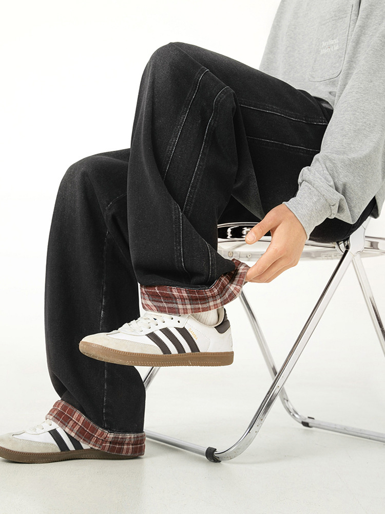 American Casual Plaid Patchwork Washed Jeans Men's New Split Design Half Elastic Waist Loose Straight Leg Pants (CFCX-2517)