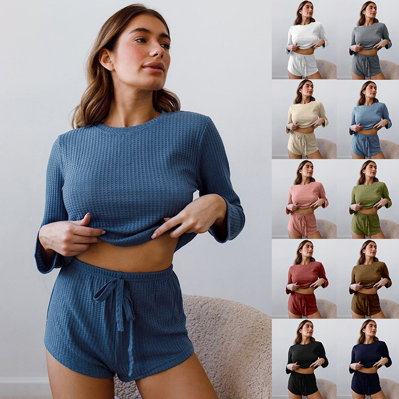 Sexy Waffle Soft Knitted Pajama Shorts Women Sleepwear Summer Loungewear Women Sets