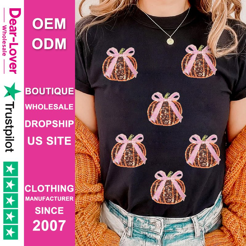 Dear-Lover Wholesale OEM ODM Print on Demand Halloween Sequin Bow Pumpkin Patten Cotton Blend Women T Shirt