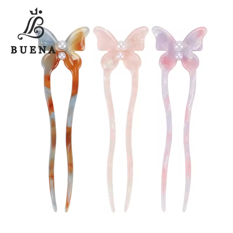 Fashion Chinese Style Girls Women Hair Stick Cute Pearl Butterfly Design Hair Forks 4mm Acetate 12cm Long Girls Hair Clips