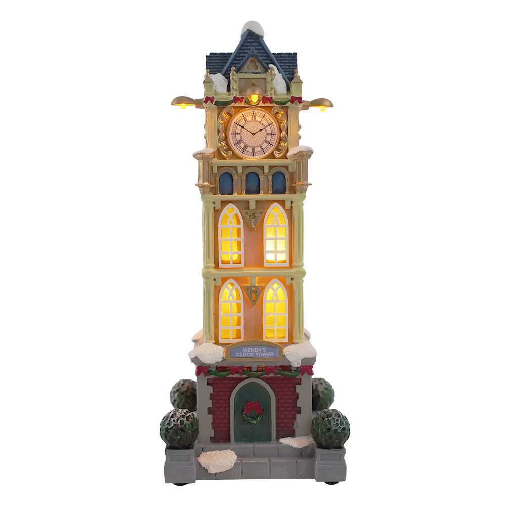 Indoor Tabletop LED Light up Resin Wendy Clock Tower Figurine Christmas Ornament