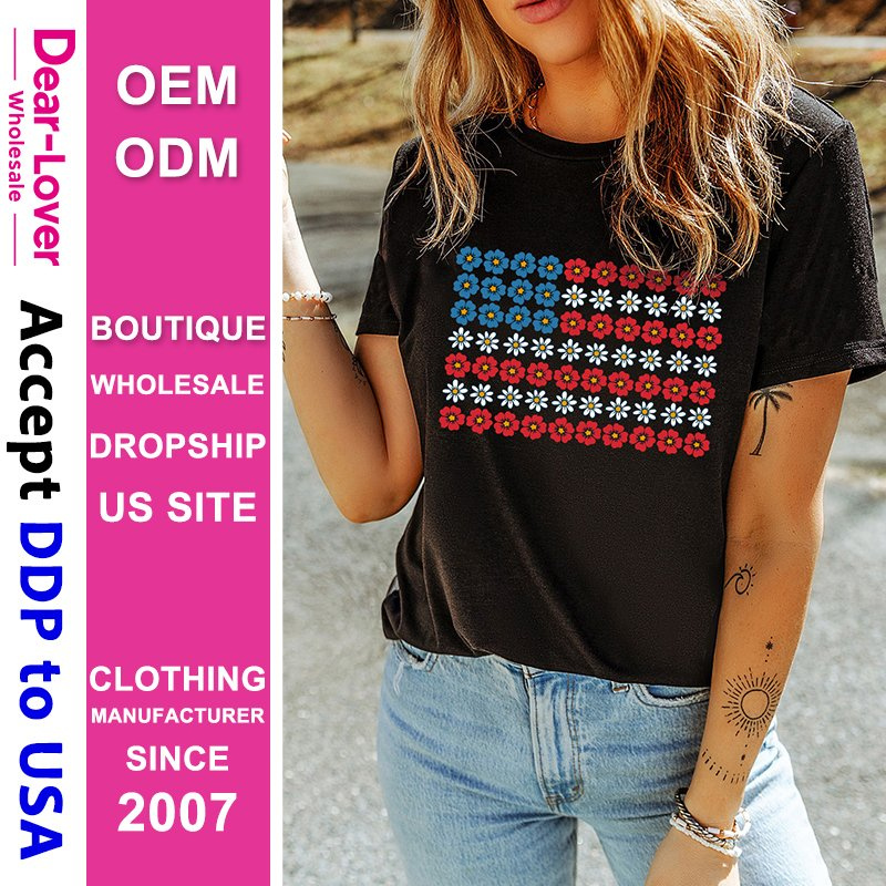 Dear-Lover Wholesale DDP Air Shipping Import Tariffs Included Cute Flowers Make up American Flag Trendy Graphic T Shirt