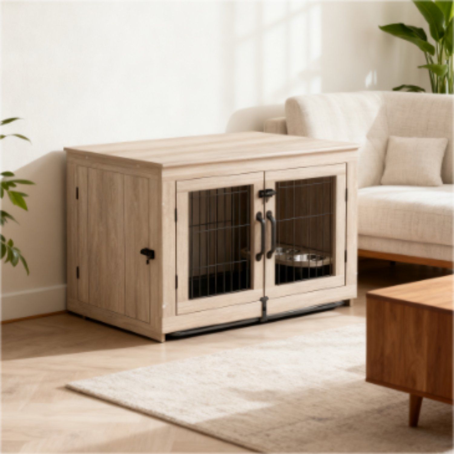 Light Wood Dog Crate with Metal Mesh Doors and Pet Food Water Bowls