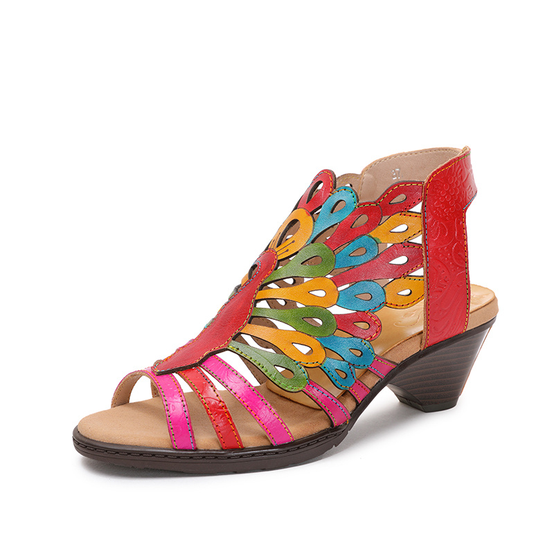 Wholesale Handmade Printing Shoes Hollow out Hook& Loop Leather Sandals
